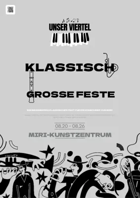 Werbung für ein lokales klassisches Festival in Grau und Schwarz