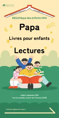 Bannière avec une illustration joyeuse d'un père lisant un livre à un enfant