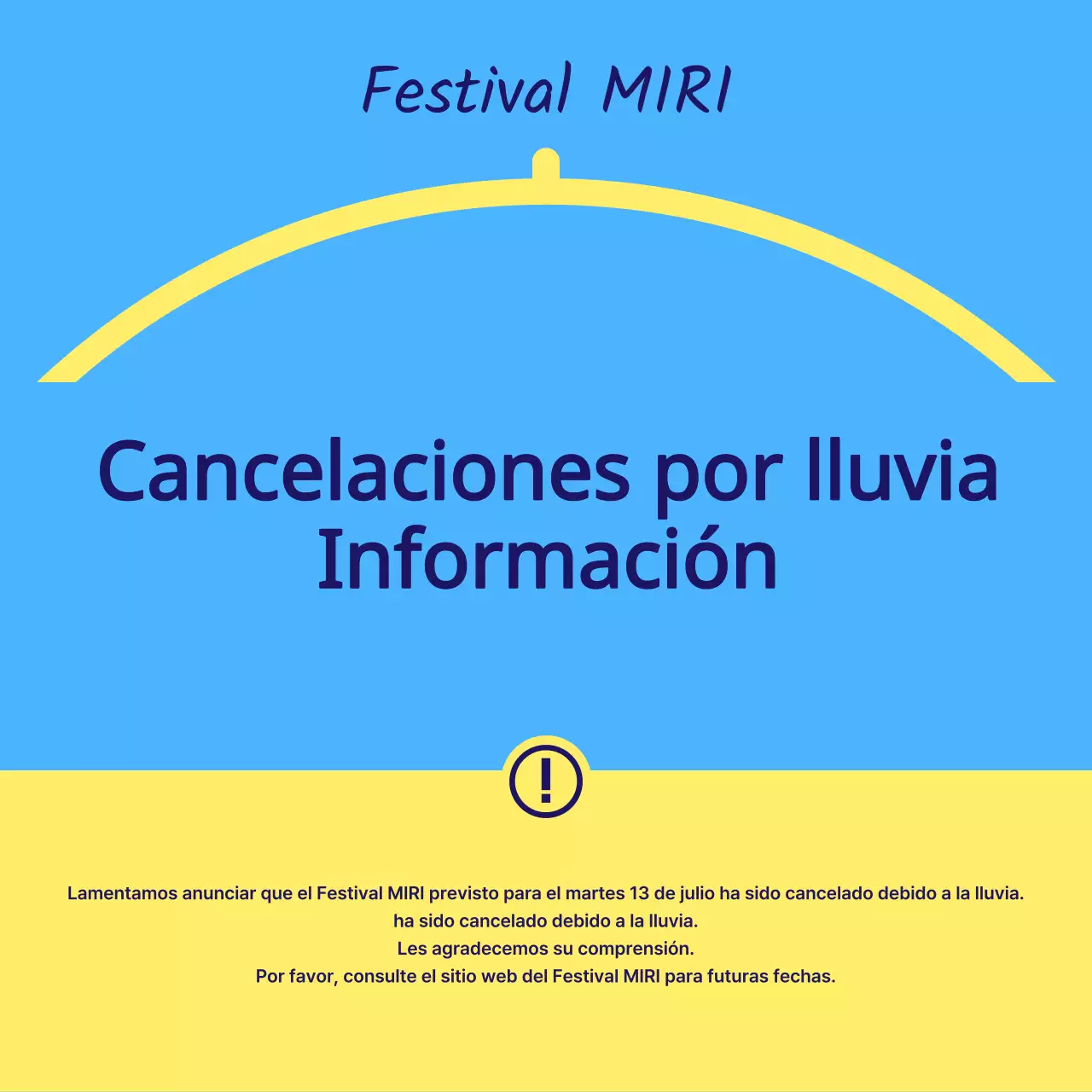 Aviso de cancelación de festival por lluvia en amarillo simple y azul claro