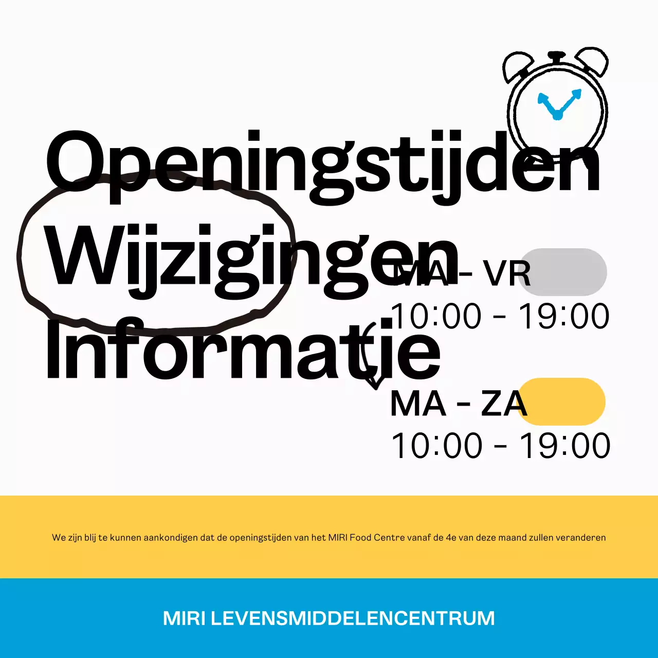 Een eenvoudige wit-blauwe aankondiging van openingstijden