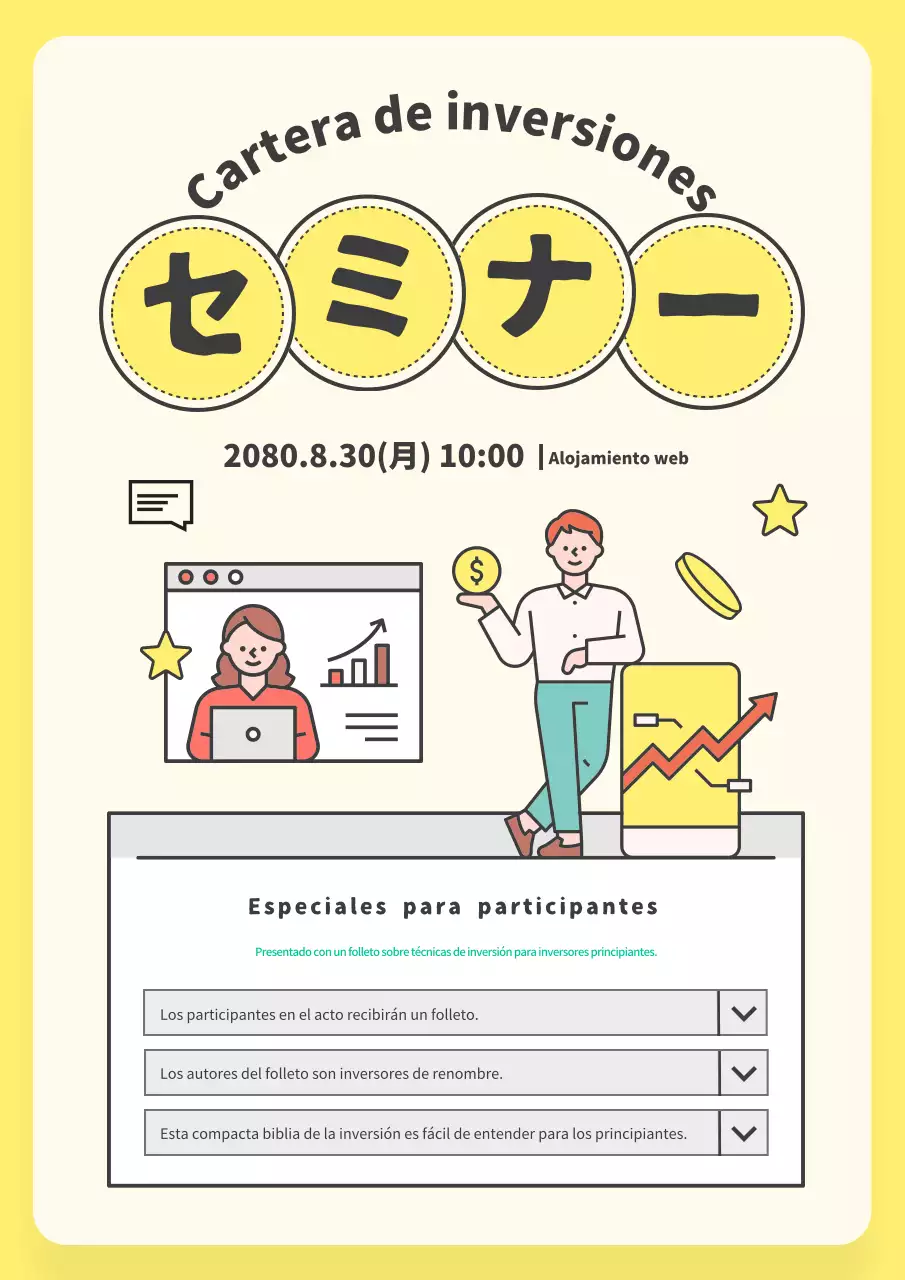 Publicidad para un precioso seminario de gestión de inversiones en amarillo y marfil.