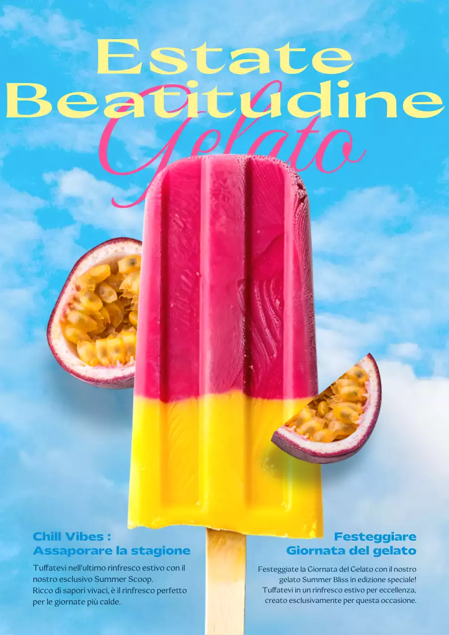 Promuovete il menu di una gelateria con accenti rosa e gialli.