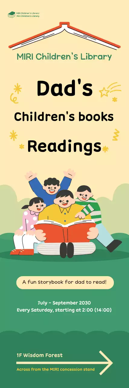 A banner with a cheerful illustration of a dad and child reading a book