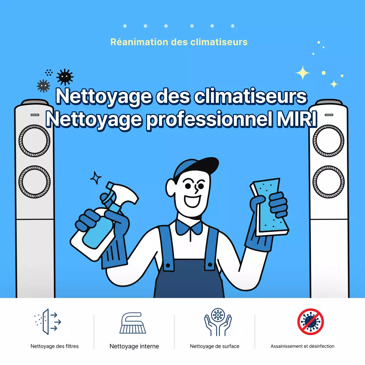 Publicité simple pour le nettoyage des climatiseurs en bleu clair
