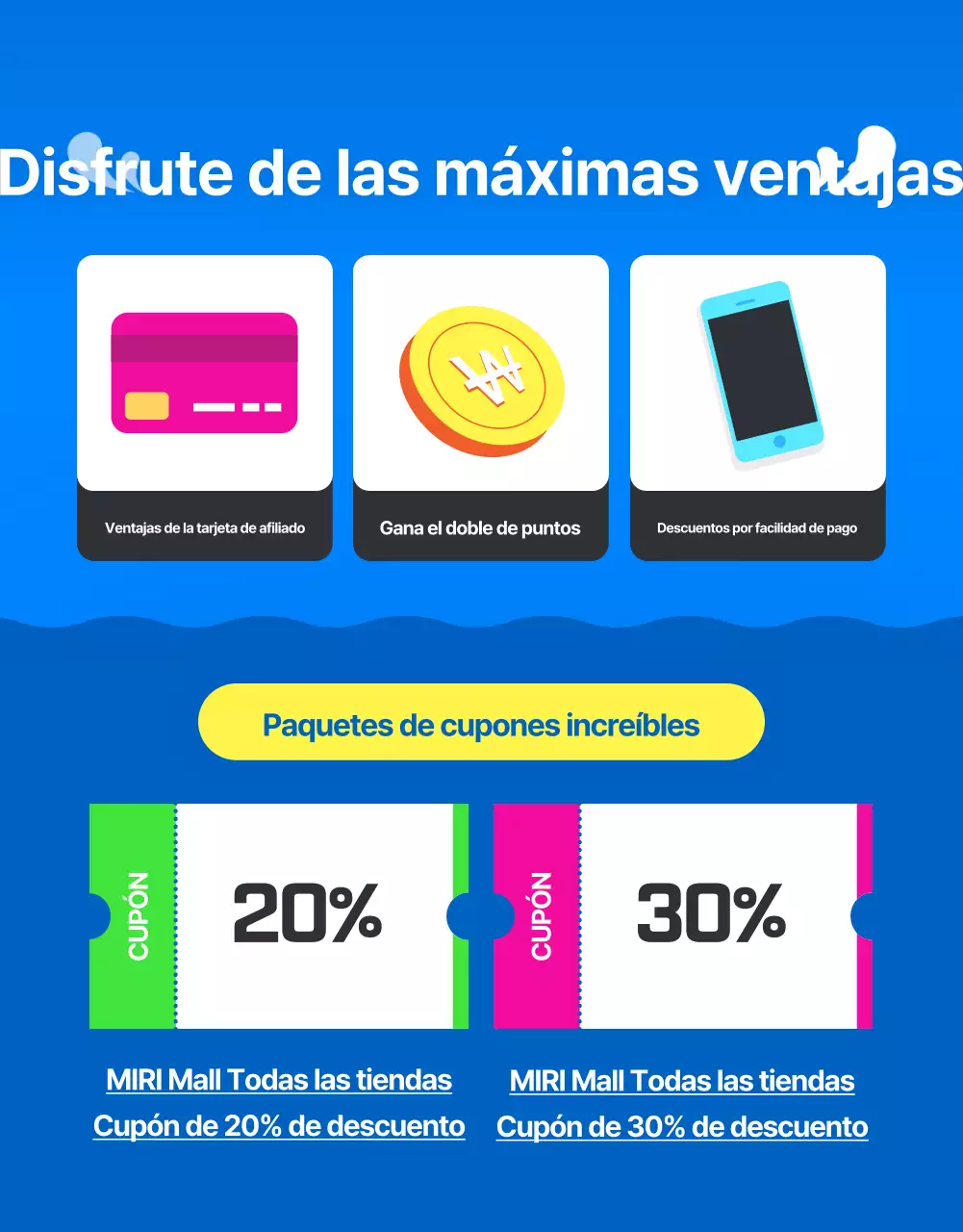 Anuncio de rebajas de verano en un centro comercial de estilo tropical en azul y amarillo