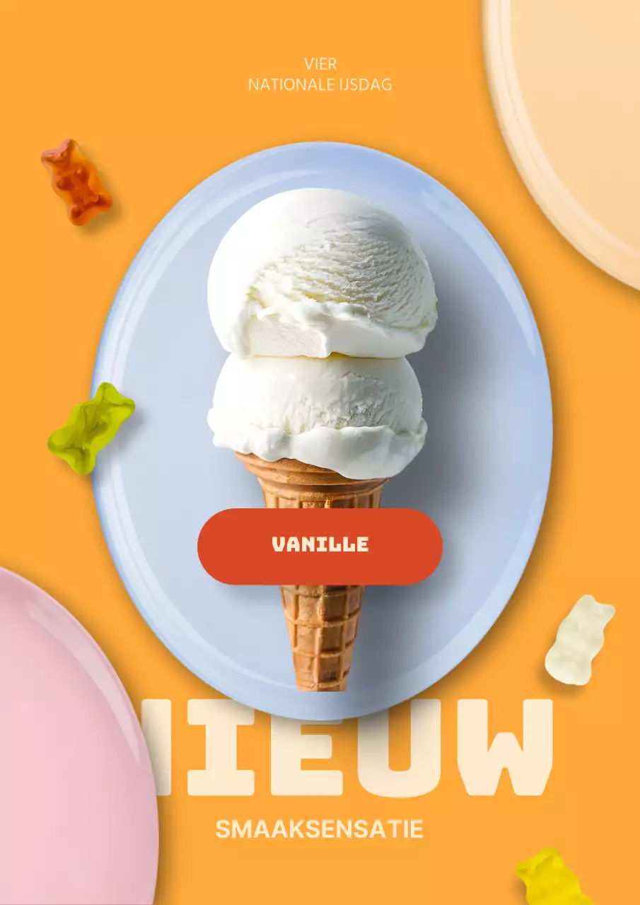 Aankondiging van het nieuwe oranje en lichtblauwe trendy ijsmenu