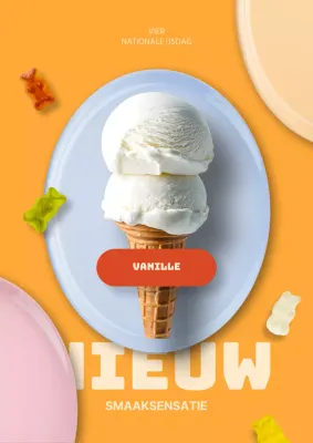 Aankondiging van het nieuwe oranje en lichtblauwe trendy ijsmenu