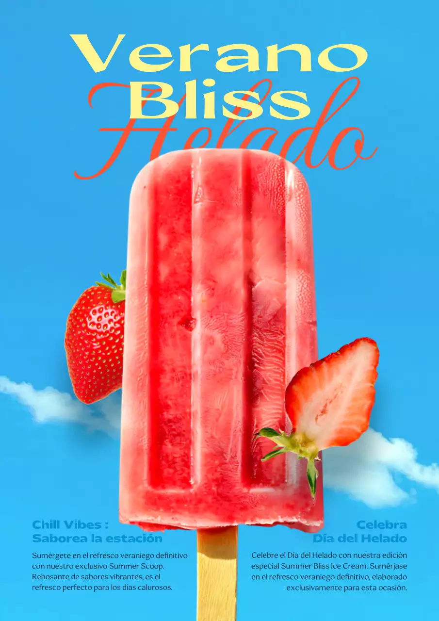 Anuncio de menú de heladería con acentos rojos y azules