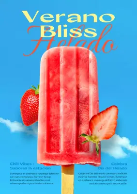 Anuncio de menú de heladería con acentos rojos y azules