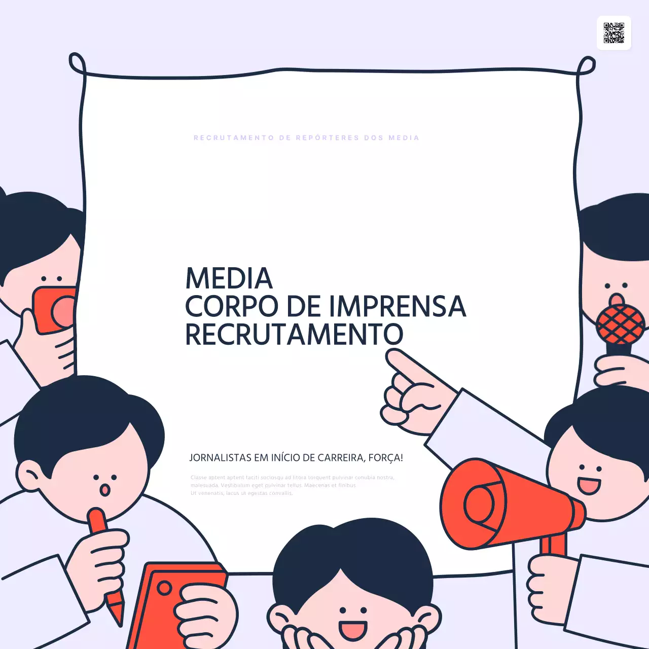 Promover o recrutamento de estudantes jornalistas de meios de comunicação social na moda, em lilás e vermelho