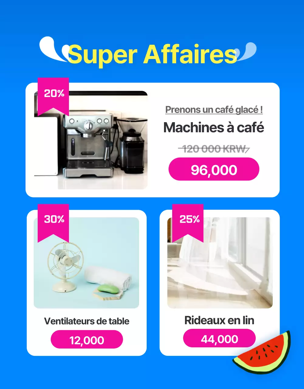 Publicité pour les soldes d'été dans un centre commercial de style tropical, en bleu et jaune