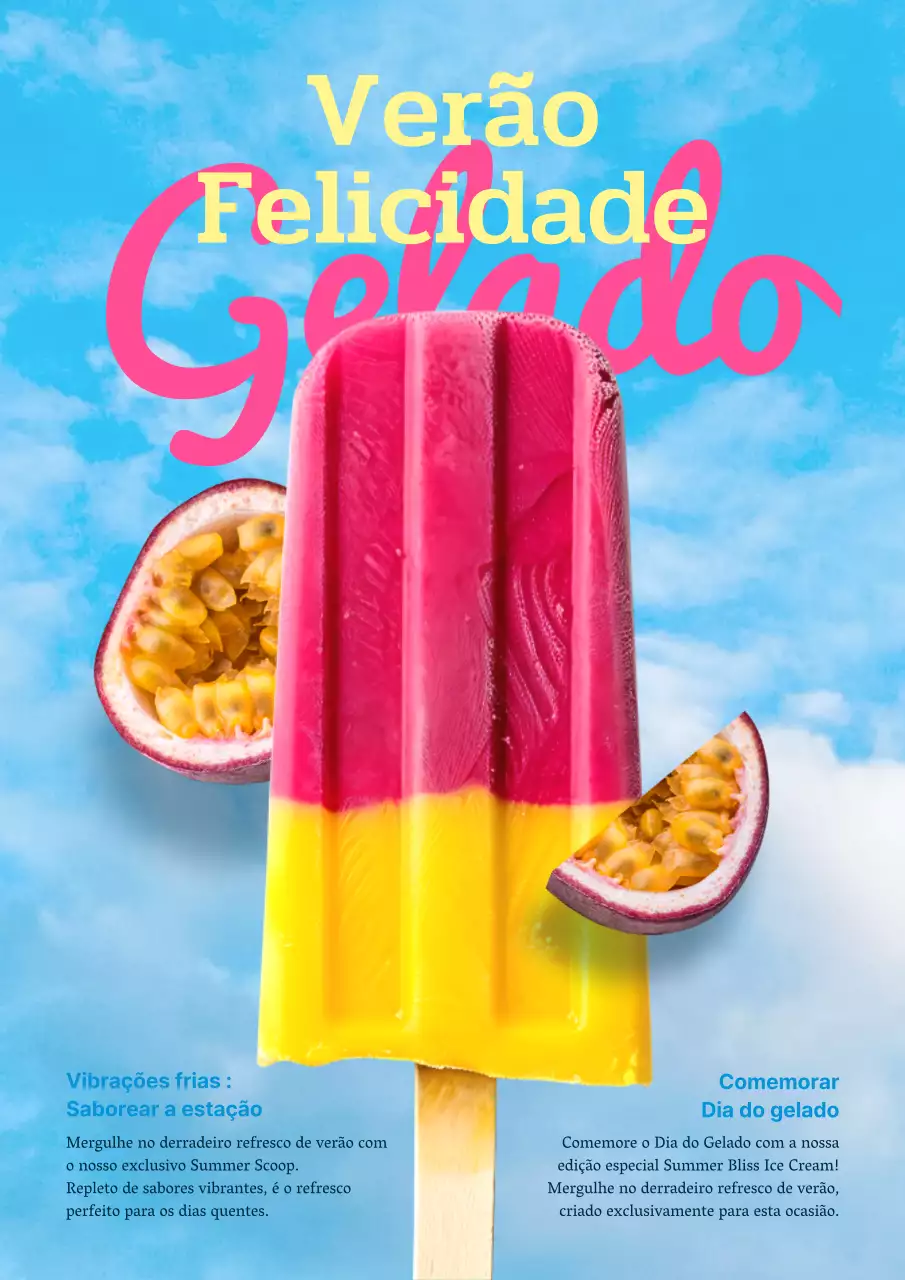 Promover um menu de gelataria com toques de rosa choque e amarelo