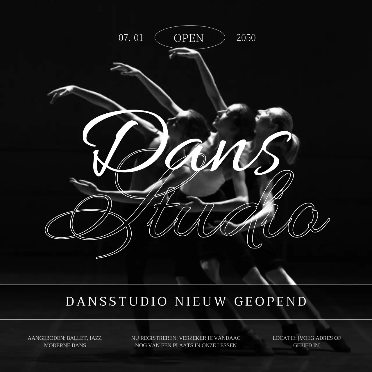 De opening van een moderne dansstudio promoten in zwart-wit