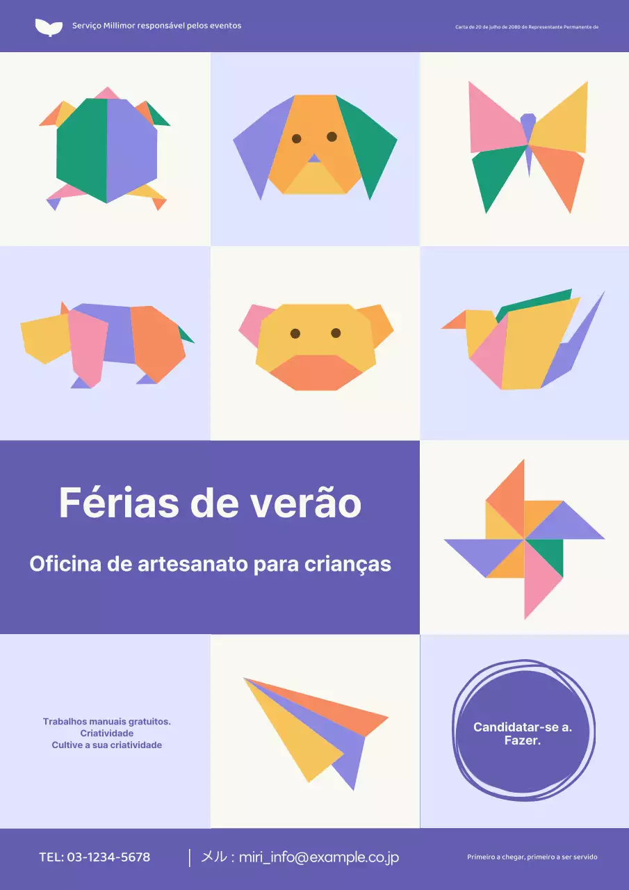Publicidade a um encantador atelier de artesanato infantil de verão, em roxo e amarelo.