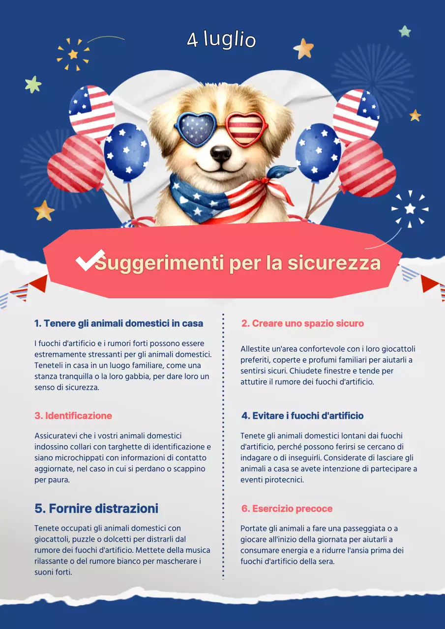 Consigli per la sicurezza degli animali domestici del 4 luglio blu e rosso