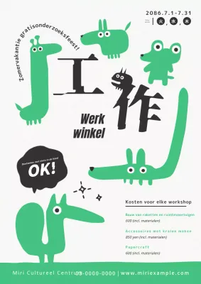 Publiciteit voor een mooie groen-witte zomerworkshop.