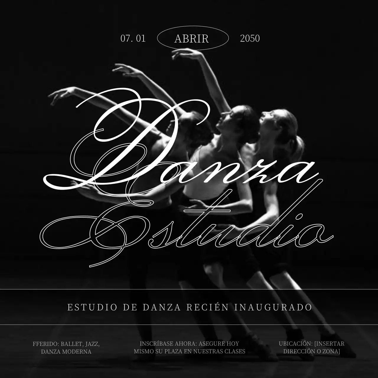Promocionar la apertura de un estudio de danza moderna en blanco y negro