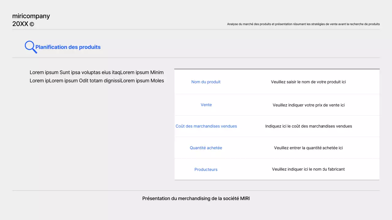 Un rapport simple sur la planification des produits en bleu et gris