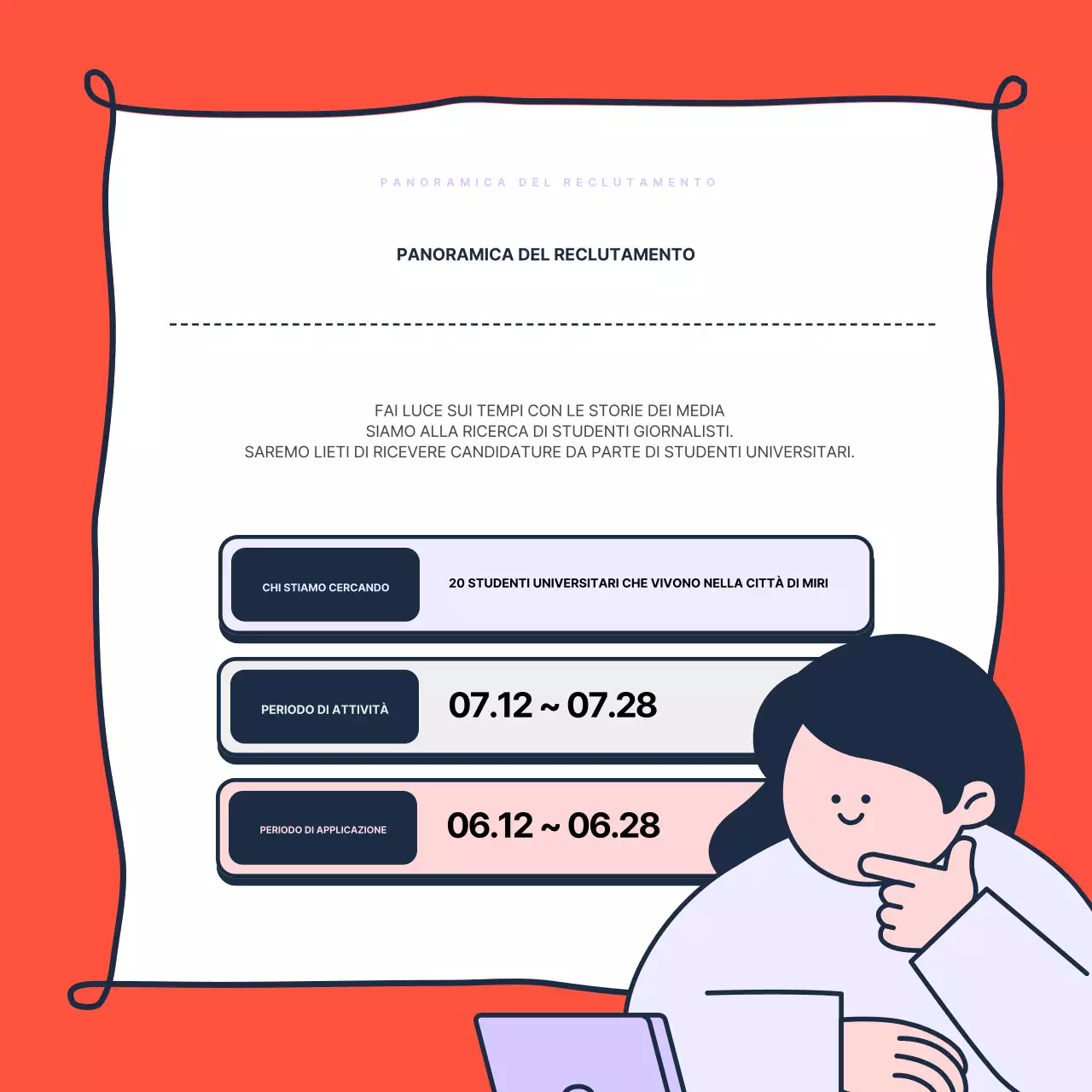 Promuovere il reclutamento di studenti giornalisti di tendenza nei colori malva e rosso.