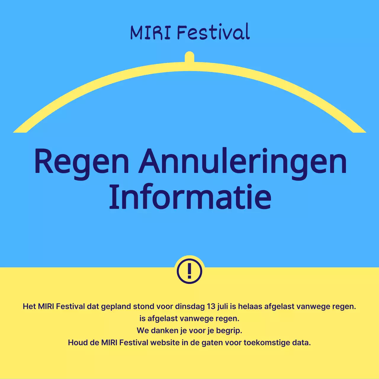Eenvoudig geel en lichtblauw festival regen annuleringsbericht