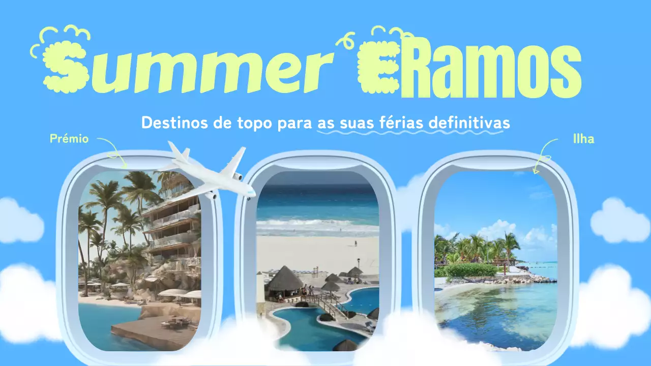 Destinos de férias de verão em branco e azul claro no Reino Unido Título principal