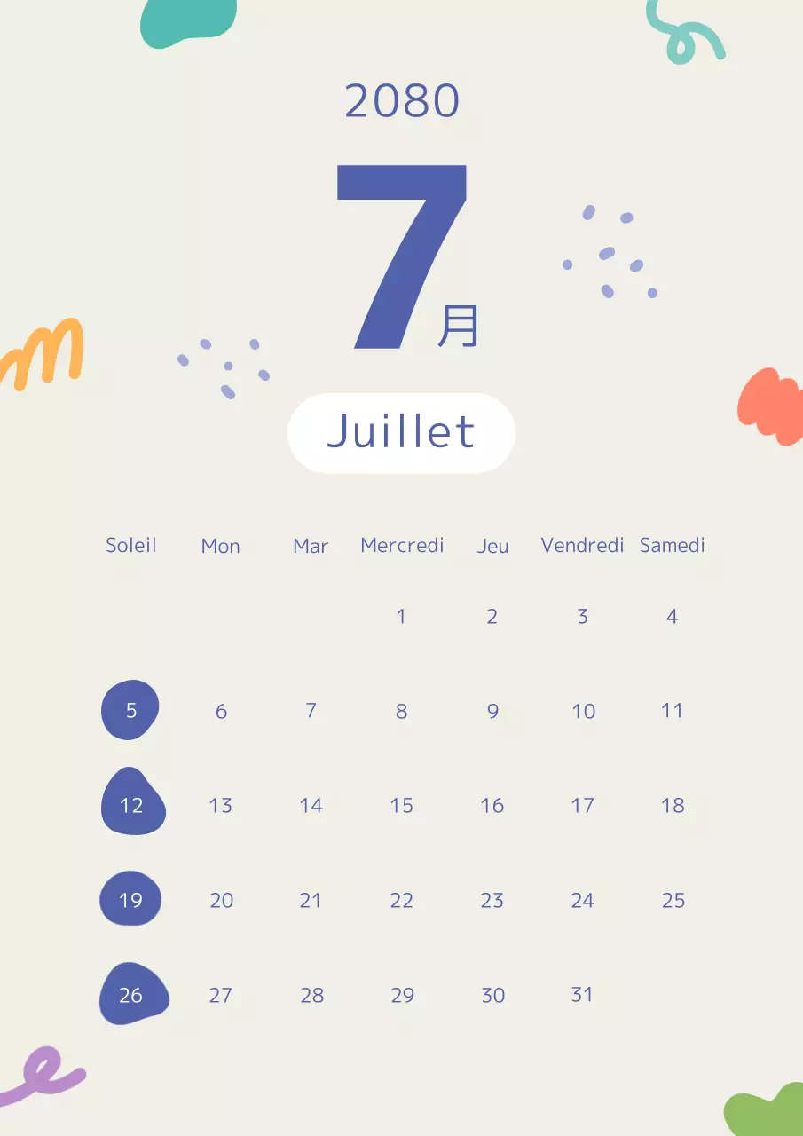 Calendrier kitsch en kaki et violet