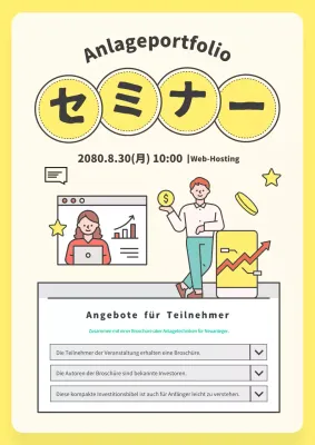 Werbung für ein hübsches gelb-elfenbeinfarbenes Seminar über Investitionsmanagement.