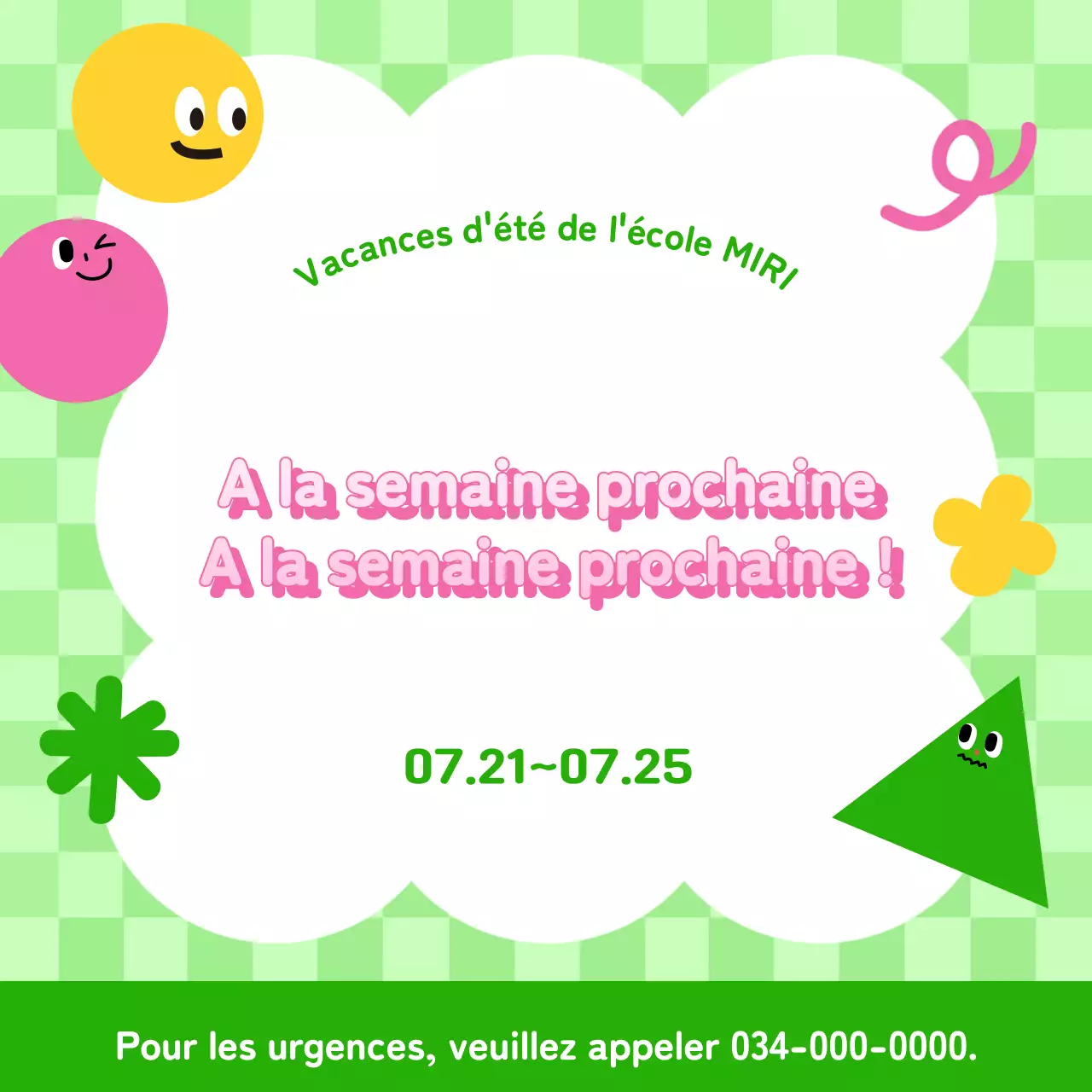 Annonce des vacances d'été d'une charmante école en vert et rose