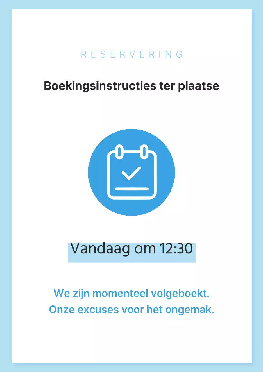 Een eenvoudige witte en lichtblauwe boekingsaankondiging