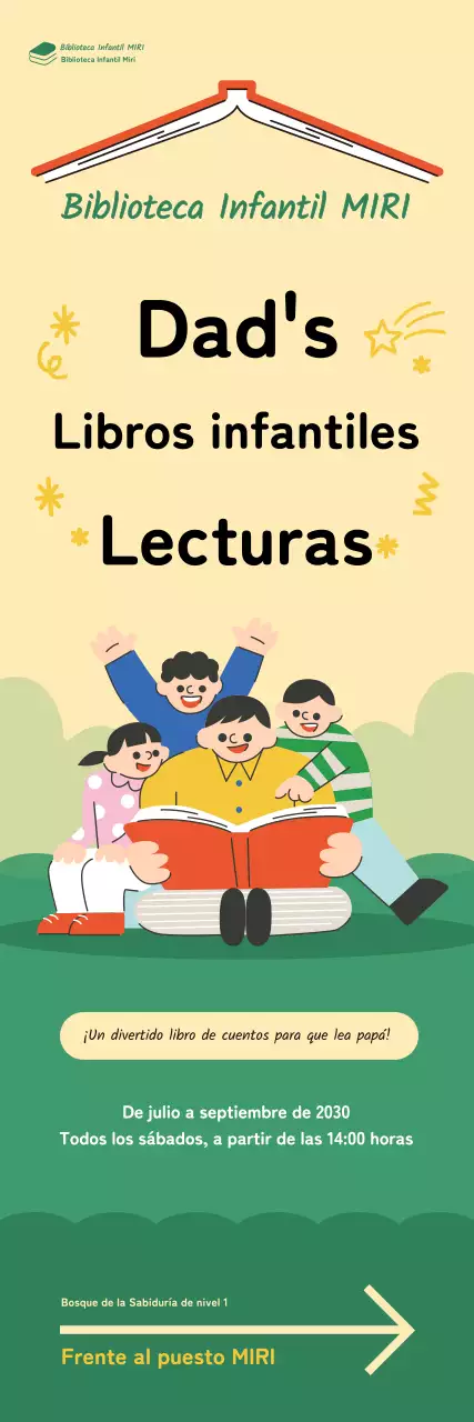 Banner con una alegre ilustración de un padre leyendo un libro a un niño