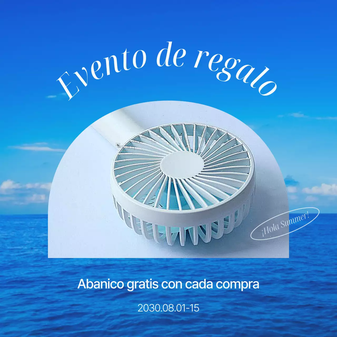 Sencillo anuncio de evento inspirado en el verano en azul claro y azul