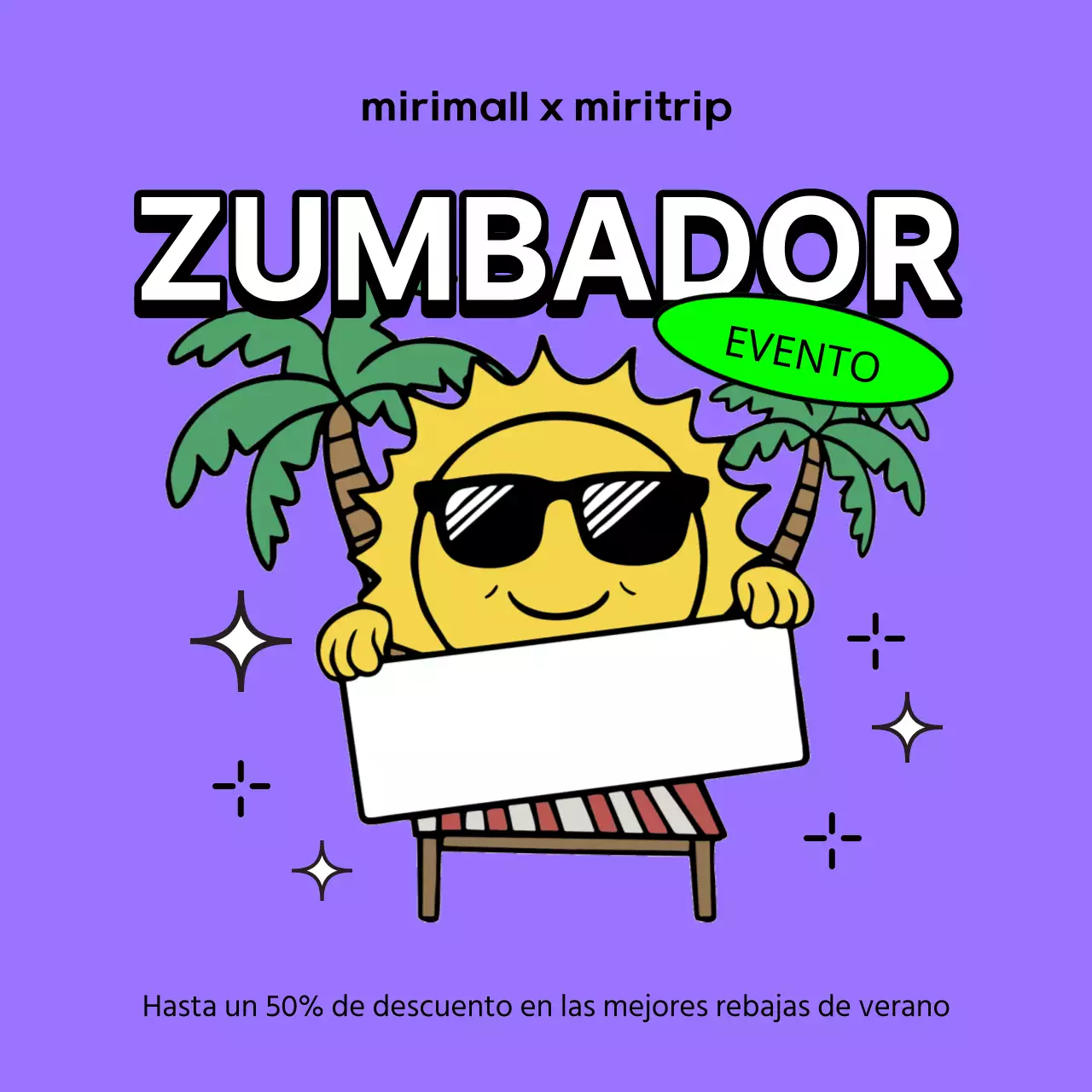 Anuncio pop-art de las rebajas de verano en morado y chartreuse