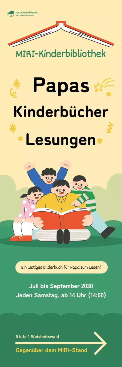 Banner mit einer fröhlichen Illustration eines Vaters, der einem Kind ein Buch vorliest