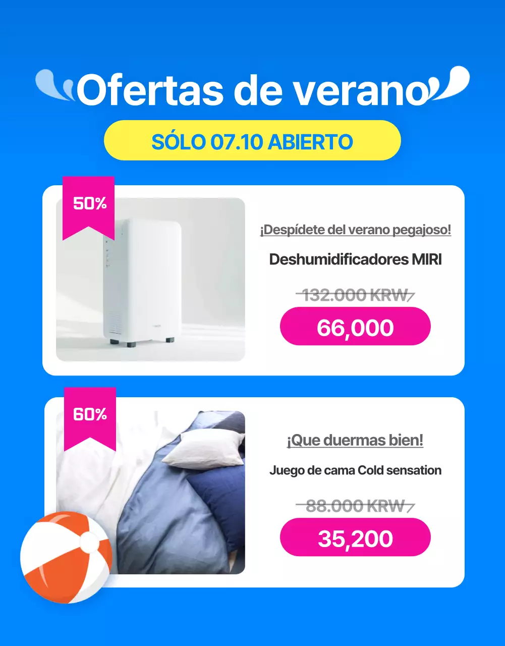 Anuncio de rebajas de verano en un centro comercial de estilo tropical en azul y amarillo