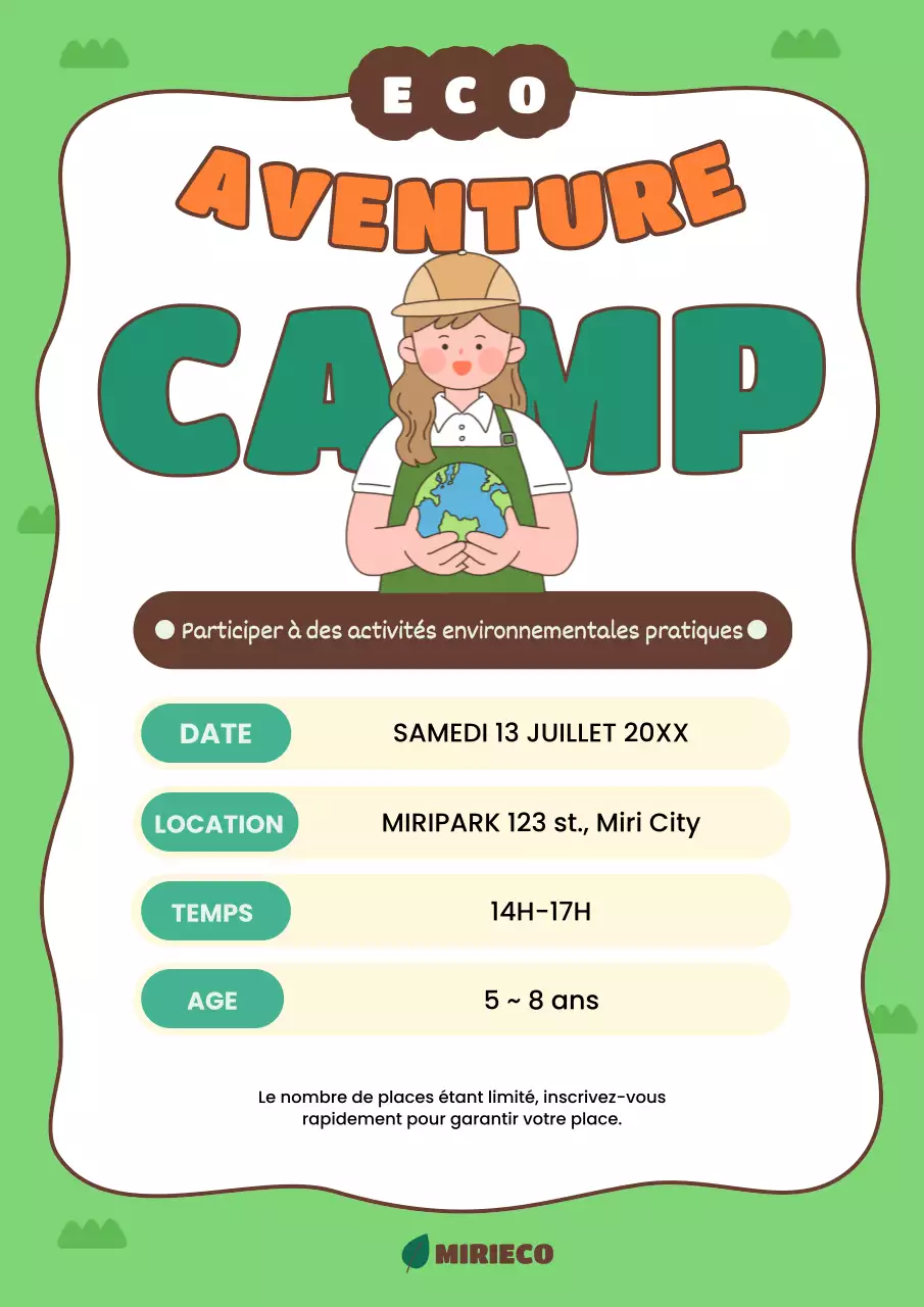 Annonce d'un camp d'été vert et orange sur le changement environnemental