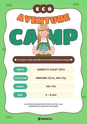 Annonce d'un camp d'été vert et orange sur le changement environnemental