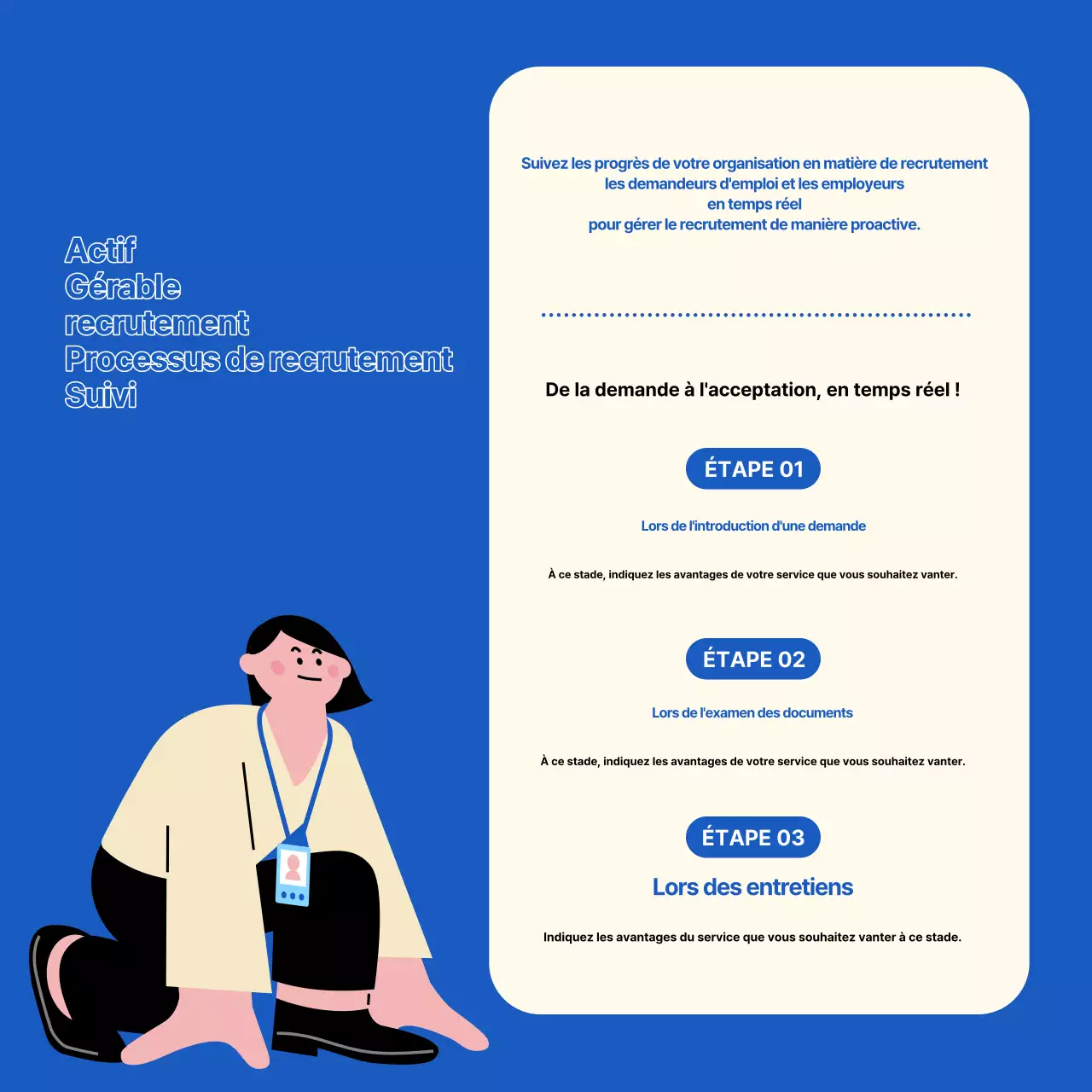 Faites la promotion de votre plateforme de recherche d'emploi avec des accents bleus et blancs.