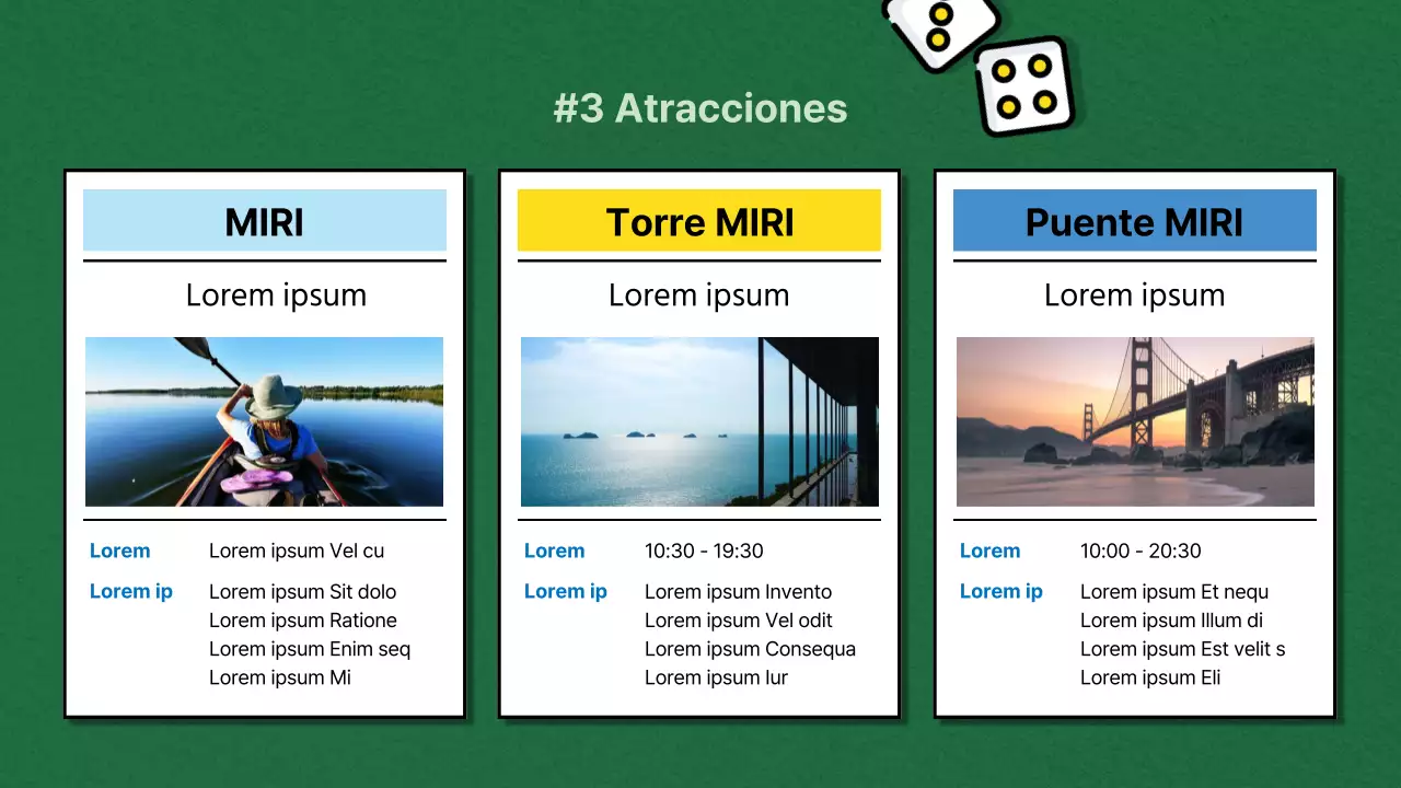 Promoción de viajes combinados nacionales en verde y azul, al estilo de los juegos de mesa