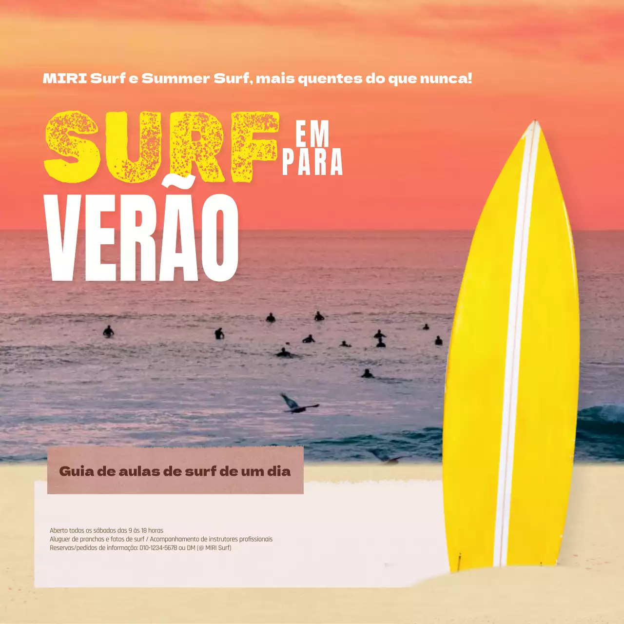 Promover aulas de um dia de surf natural em amarelo e laranja
