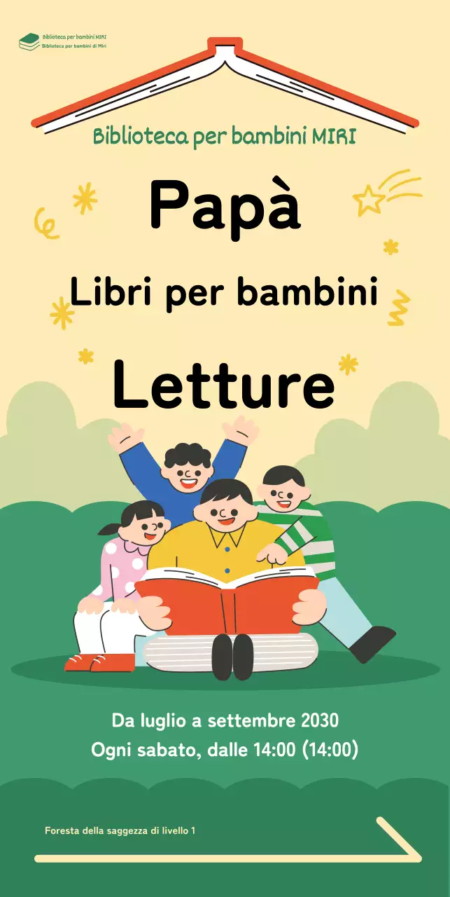 Banner con un'allegra illustrazione di un papà che legge un libro a un bambino