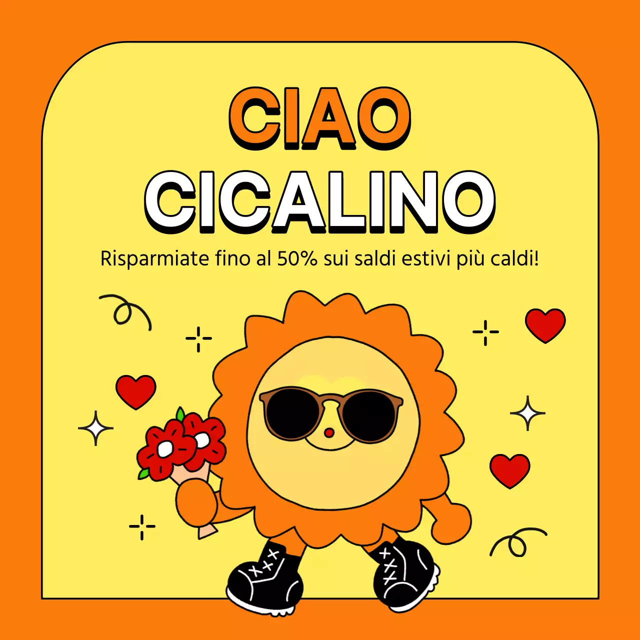 Annuncio di saldi estivi pop-art in arancione e giallo