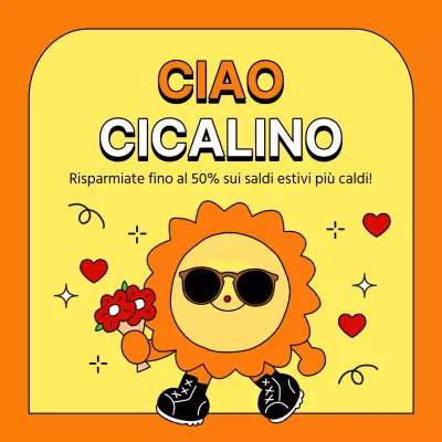 Annuncio di saldi estivi pop-art in arancione e giallo