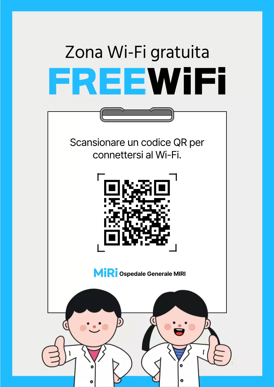 Semplice annuncio di connessione al codice QR Wi-Fi di colore azzurro e bianco