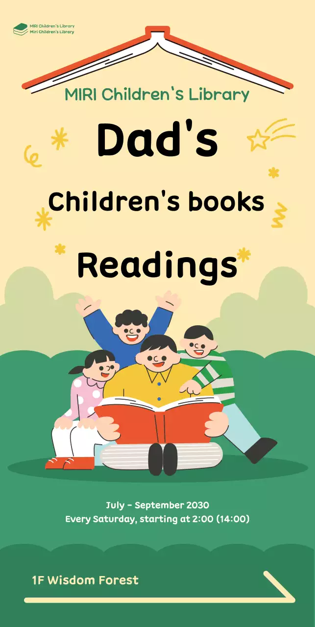 A banner with a cheerful illustration of a dad and child reading a book