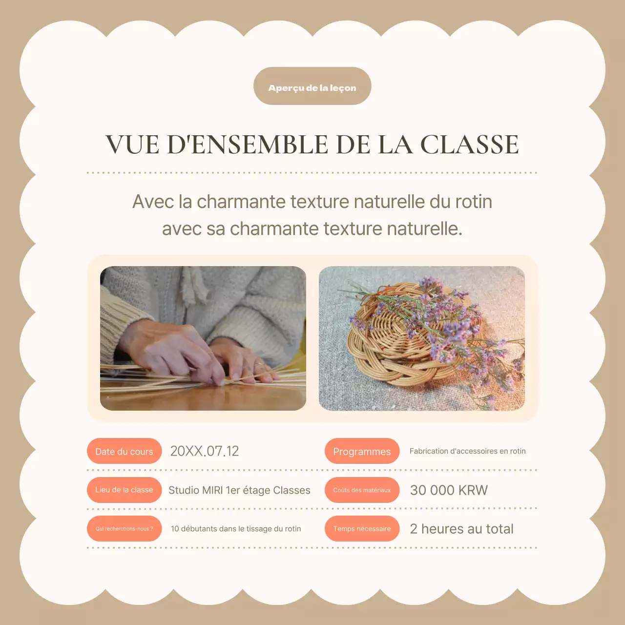 Un guide de l'artisanat du rotin en brun et ivoire, un accessoire d'intérieur estival très tendance Un cours d'une journée sur l'artisanat du rotin