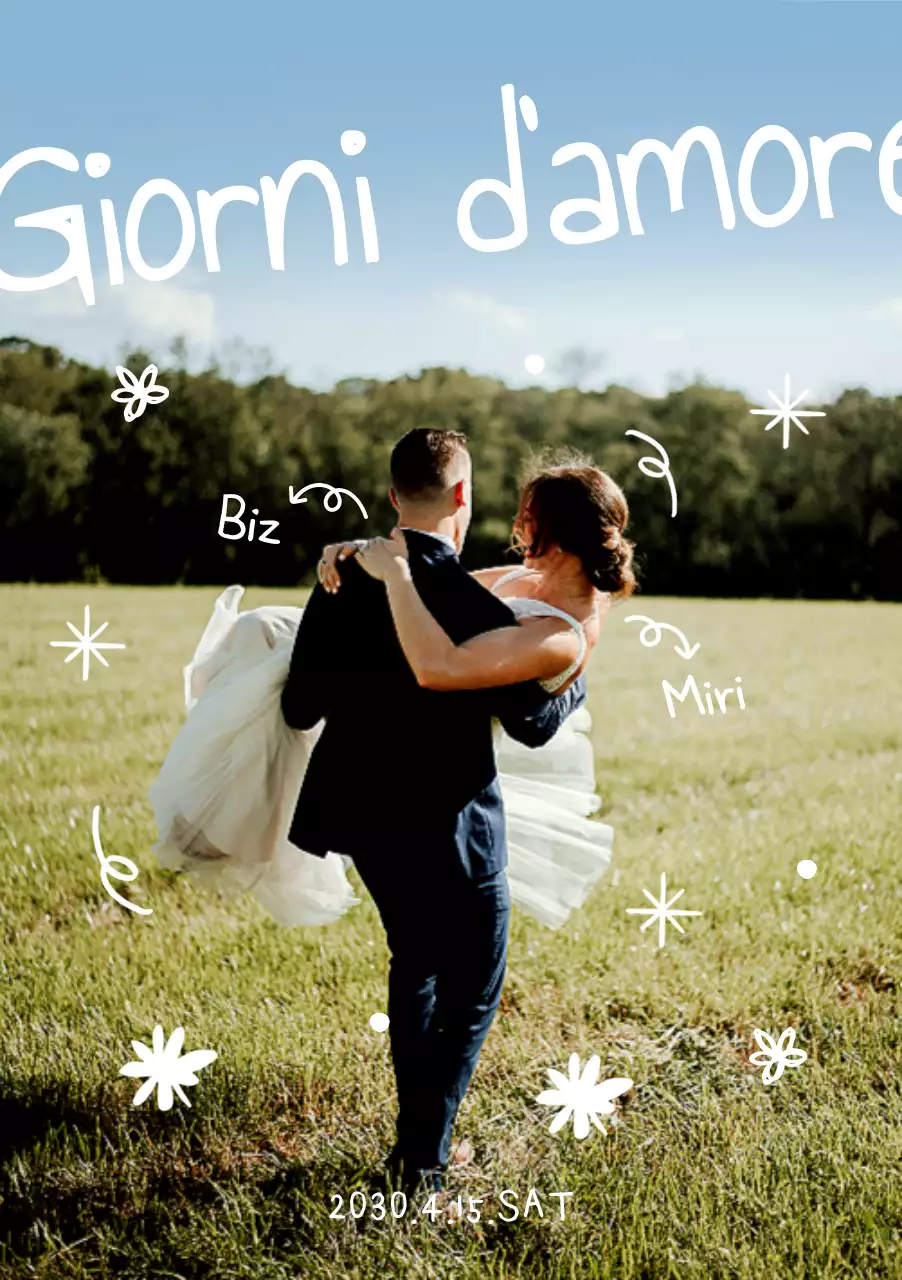 Poster tridimensionale di matrimonio naturale e simpatico disegnato a mano