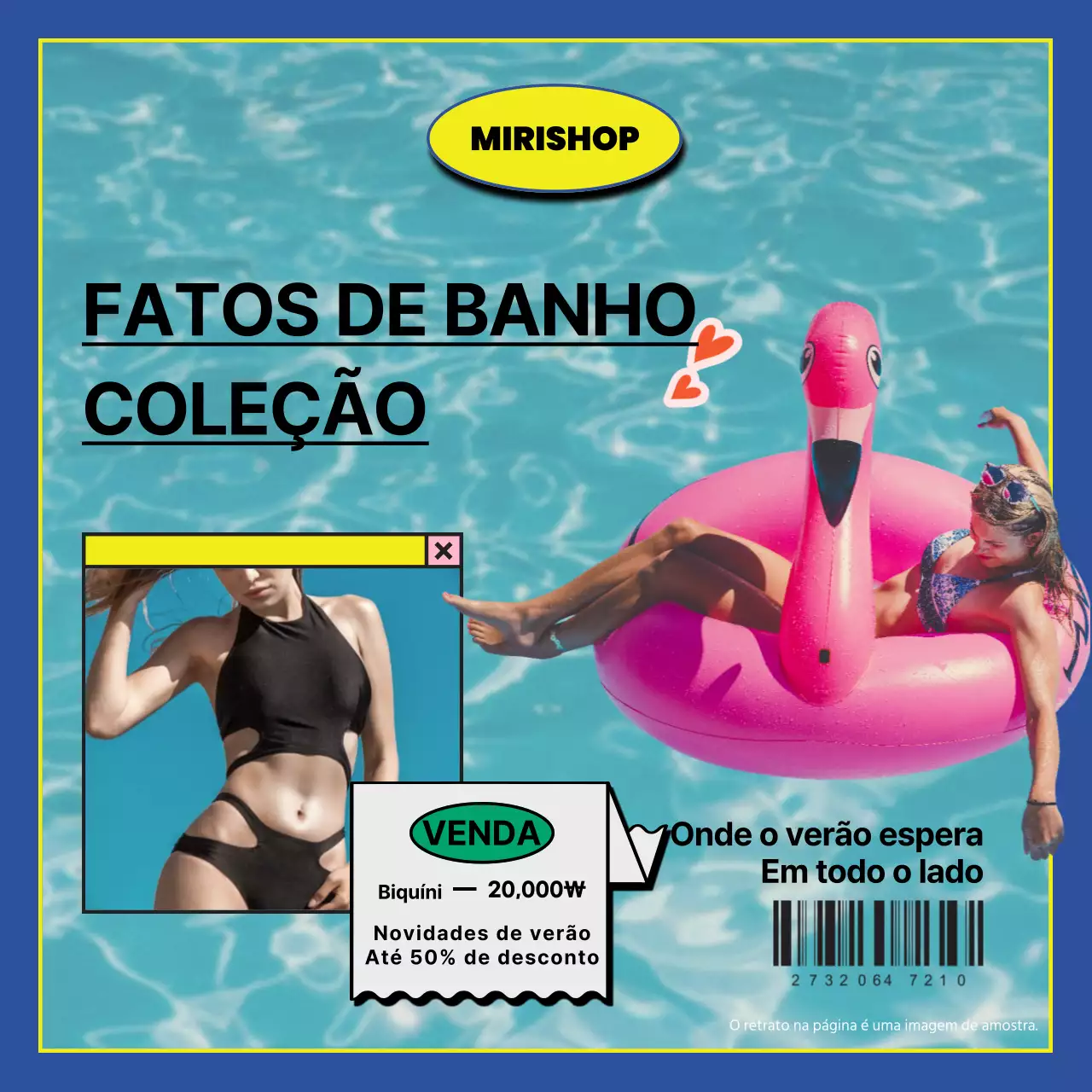Promover uma coleção de fatos de banho de verão kitsch em azul claro e rosa choque