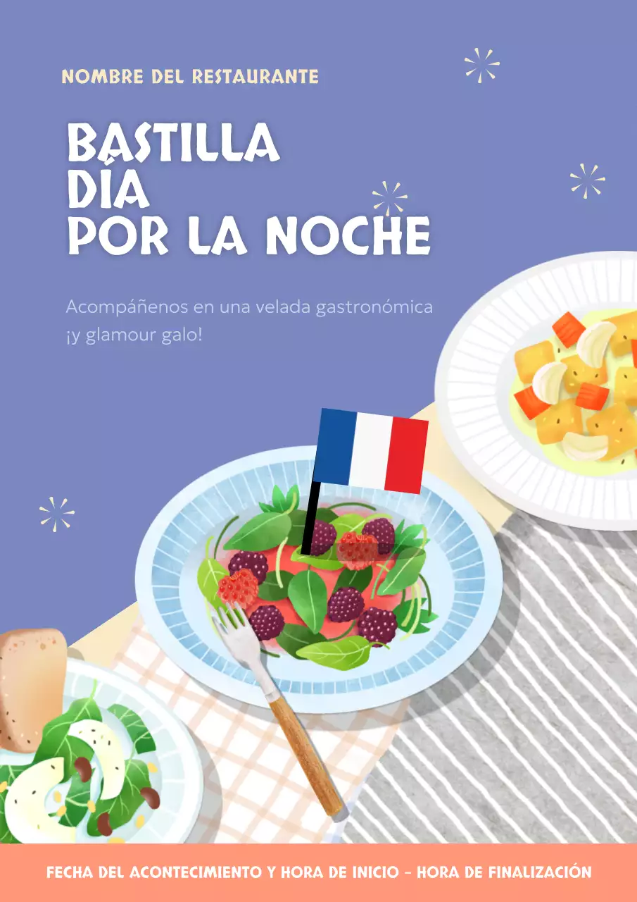 Anuncios de restaurantes del Día de la Revolución en azul y rosa