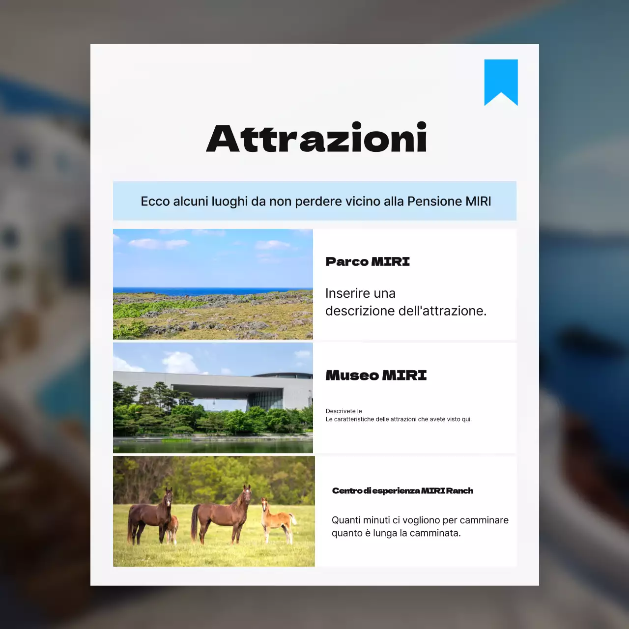 Promuovere le attrazioni vicine con una semplice combinazione di colori bianco e azzurro.