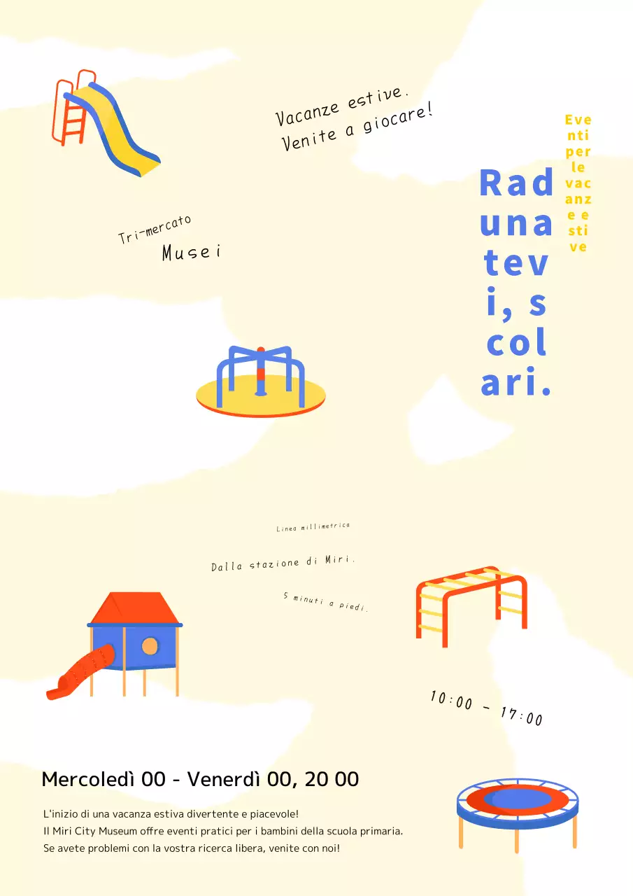 Pubblicità per il simpatico evento giallo e rosso per bambini.